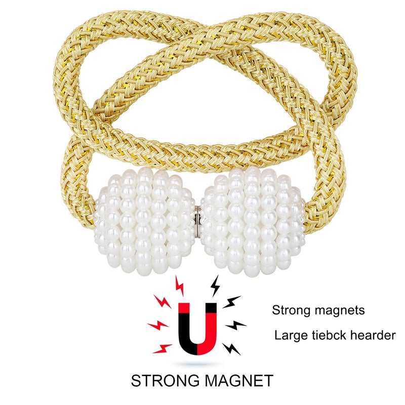 PINOWU [2 Pack] Magnetic Curtain Tiebacks for Window DÃ©cor - Pinowu Weave Rope Clips Drapery Pearl Holdbacks for Home Kitchen Office Window Sheer Blackout (Gold)â€¦ - Image 4